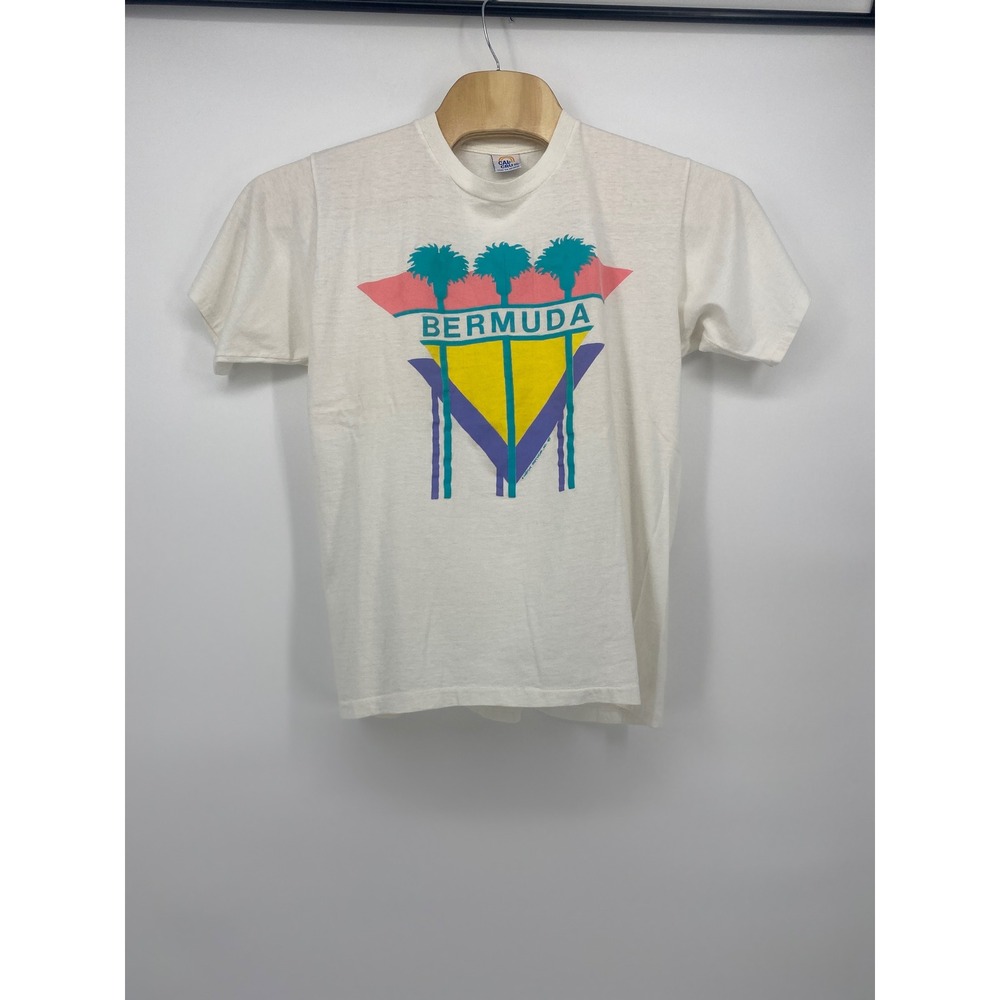 Cal Cru T-Shirt XL White Excellent Vintage 80s Bermuda Palm Tree Neon Graphic